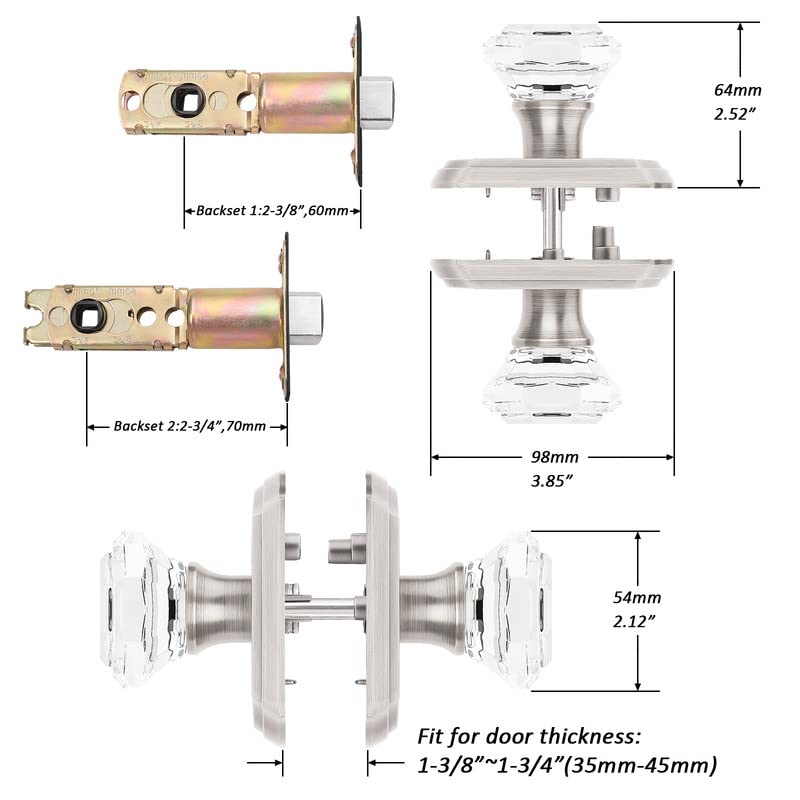 Orger Passage Door Knob for Hallway and Closet, Glass Door Handle with Non-Locking Latch, Octagonal Clear Crystal Door Knob 1 Pack, Satin Nickel Vintage Rosette with Heavy Duty Crystal - Image 4